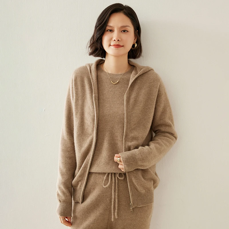 FRSEUCAG Novo 100% caxemira de malha cardigan feminino suéter com capuz moda jaqueta de manga comprida suéter de caxemira feminino