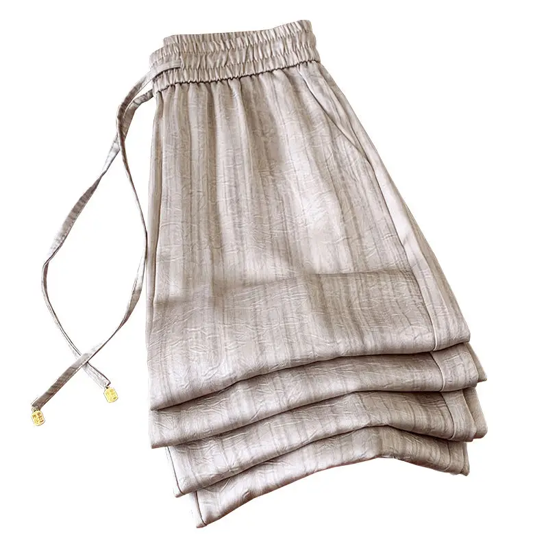 

Плиссированные широкие брюки из ледяного шелка, женские летние тонкие новые драпированные брюки с высокой талией, крутые брюки, свободные прямые повседневные брюки, красивые брюки