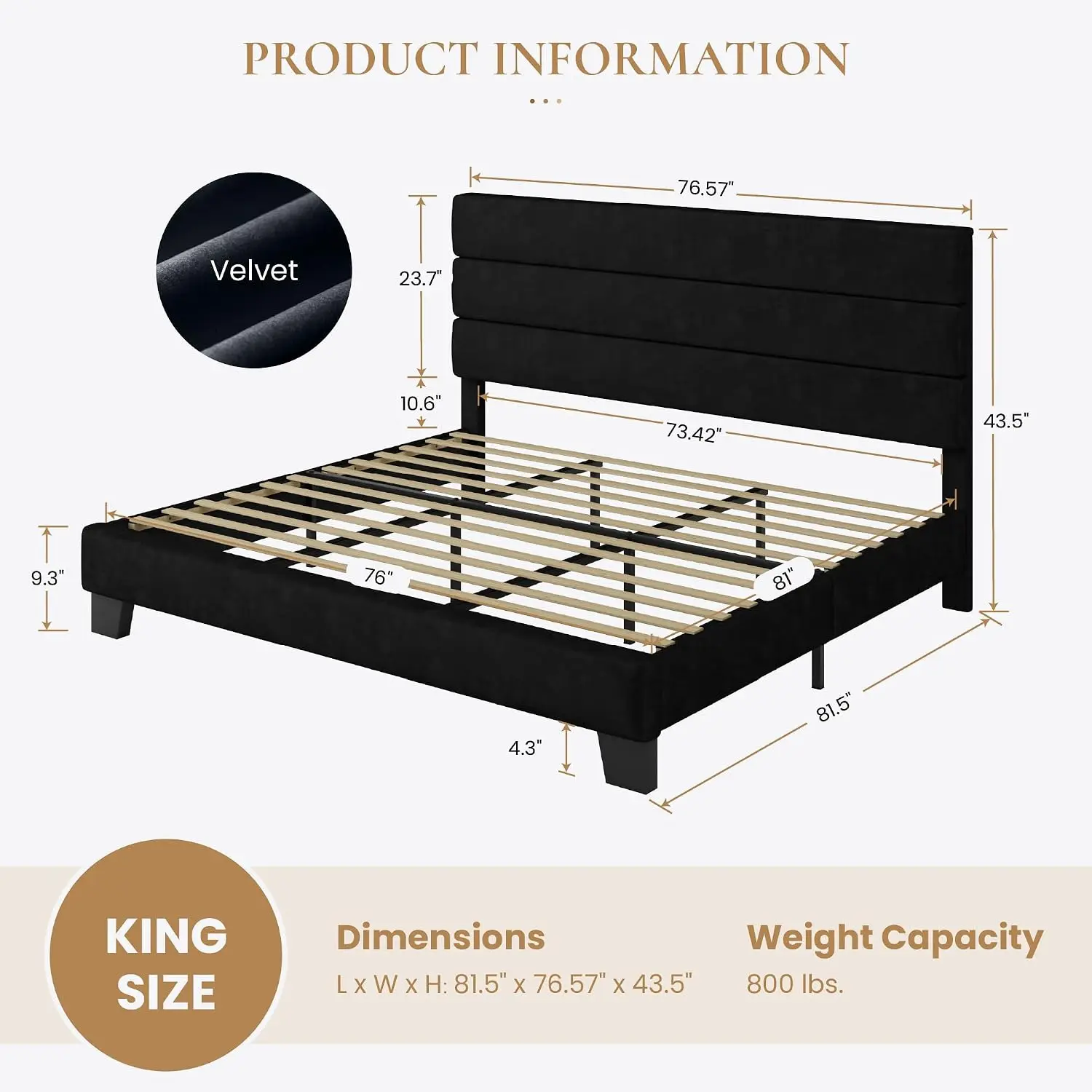 Velvet Upholstered Platform Bed Frame with Wooden Slats Support, No Box Spring Needed, Easy Assembly, King, Black, Customized