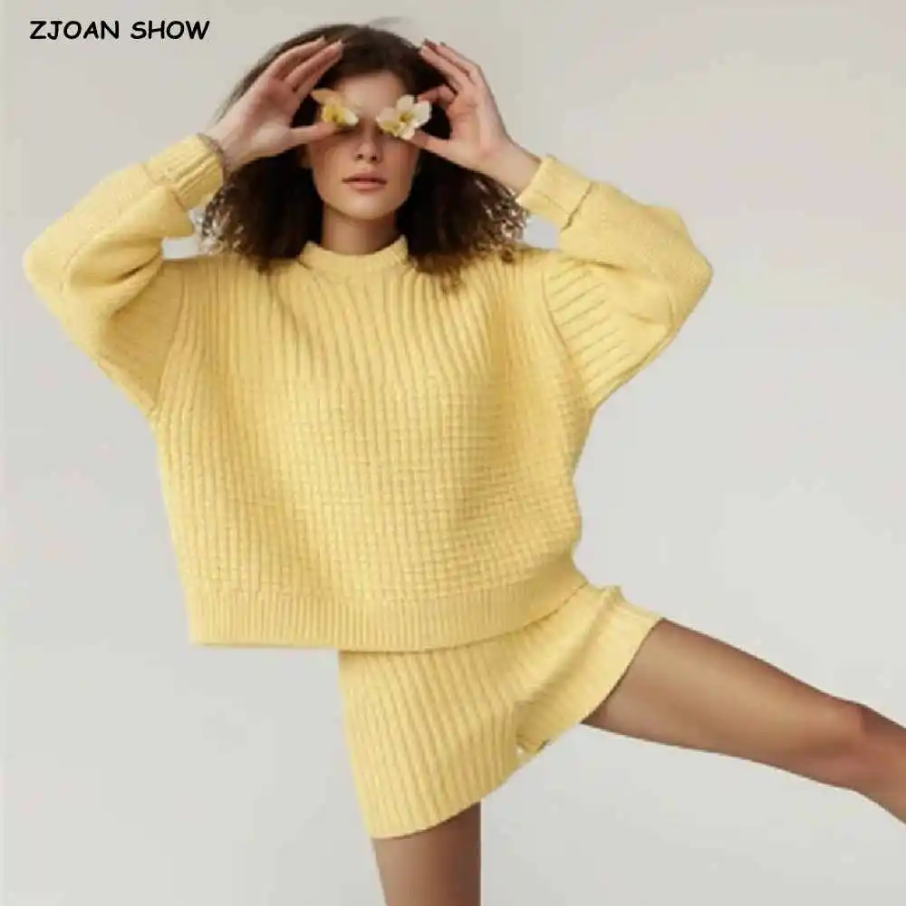 2 pieces 1 set 2024 Autumn Rib Knitted Full Sleeve Loose Pullover Sweater Elastic High Waist Mini Shorts Suits Yellow Green