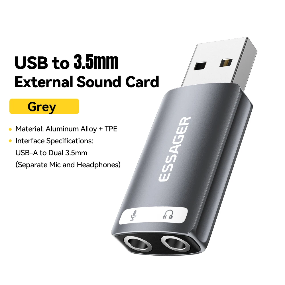 Essager Externe USB-Soundkarte auf 3,5 mm Mikrofon-Kopfhöreranschluss, Stereo-Headset, Audio-Mikrofon-Adapter, Lautsprecher-Schnittstelle für Laptop