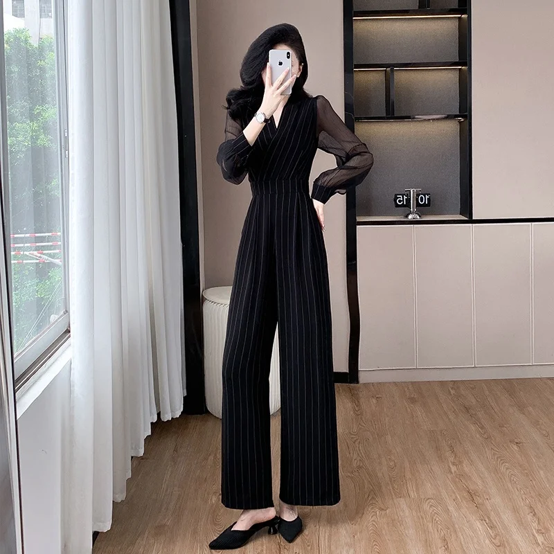 

Ele Commuter, широкие брюки с высокой талией, длинный женский комбинезон в полоску, весна-осень, новое поступление