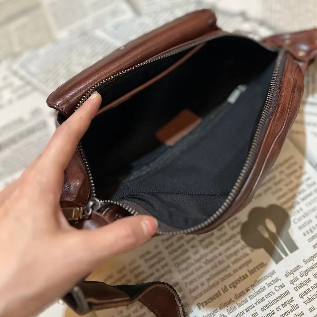 Riñonera multifuncional de primera capa de cuero de vaca, riñonera Vintage de cuero genuino para el pecho, bolso de un solo hombro o cruzado para niños