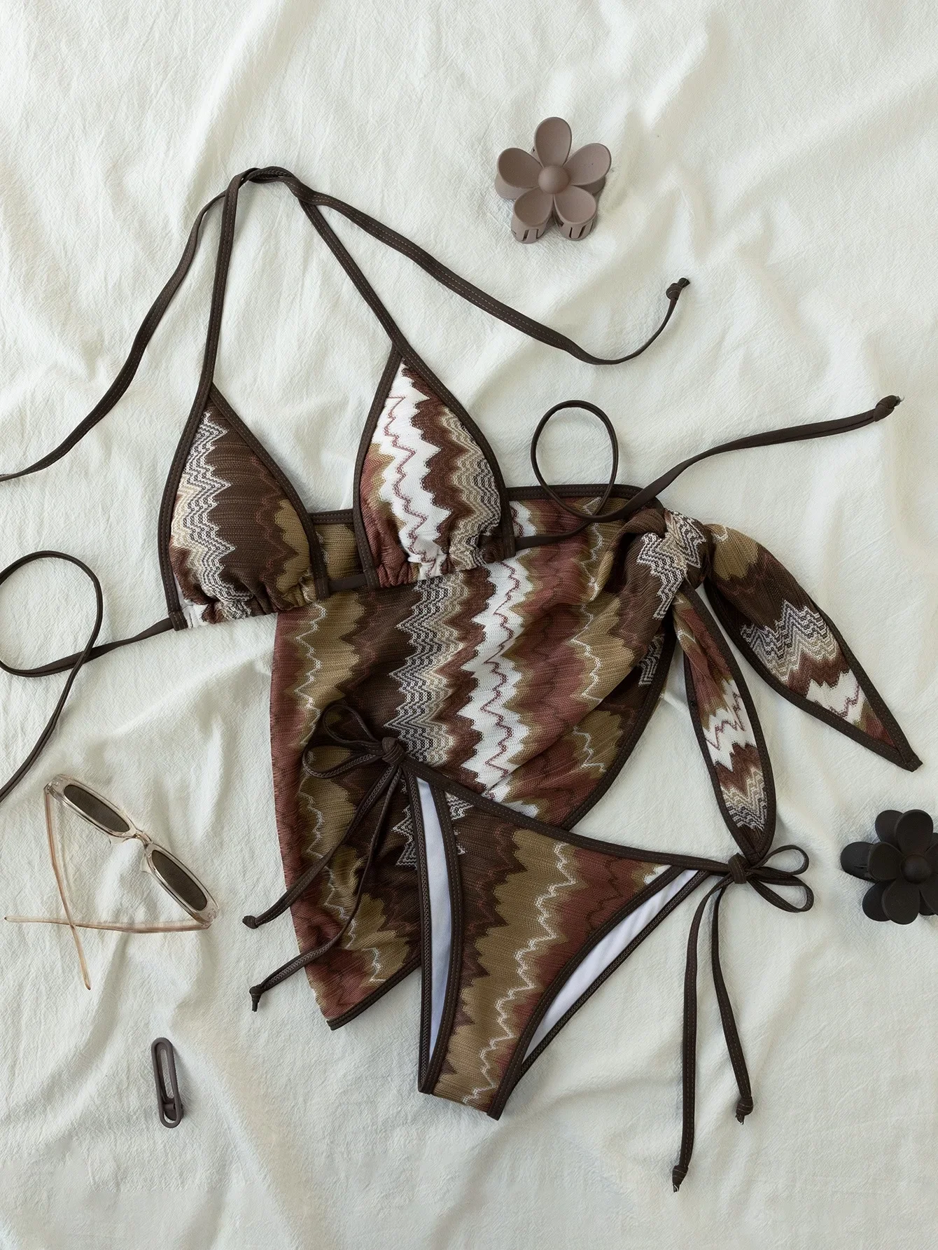 3 Pieces Bikini Set with Cover-ups Women Swimwear 2025 Sexy Bikinis Halter Push Up Beachwear Lace-up Thong Biquini Female