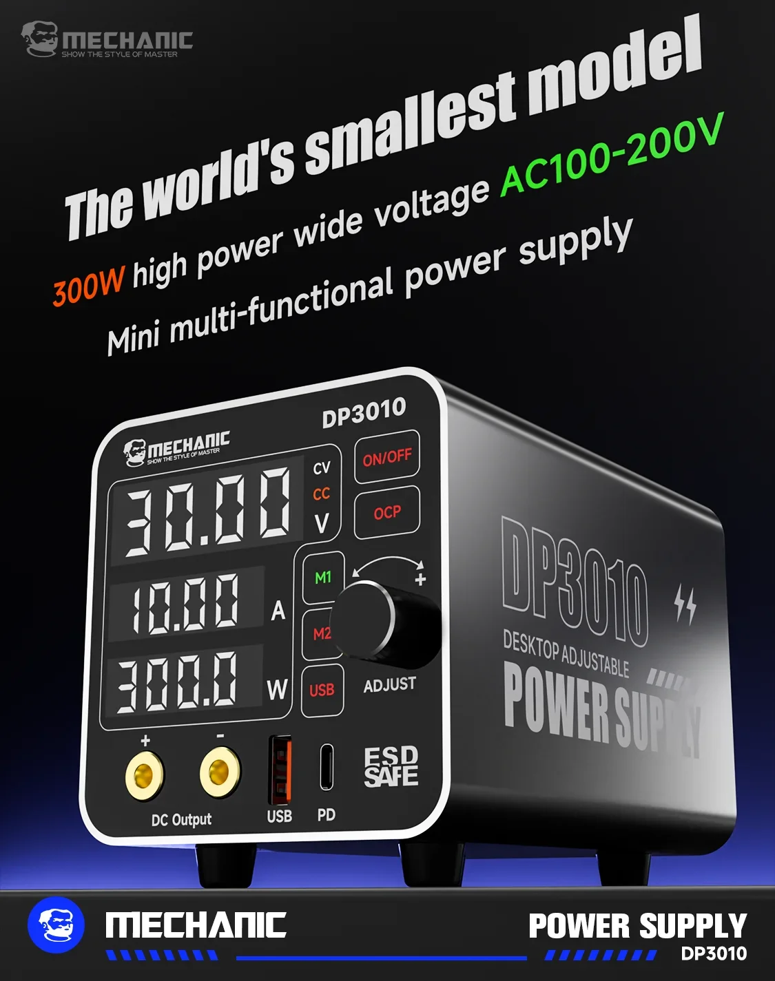 MECHANIC DP3010 Adjustable DC Power Supply 30V 10A 5A with 4-Digit LED Display Lab Bench Power Source Phone Laptops Repair Tool
