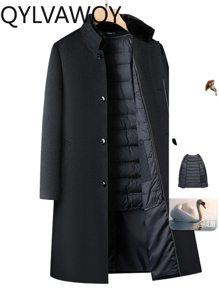 

QYLVAWOY 90% WOOL Men's High-End Winter Over-Knee Long Cashmere Coat Thickened Mid-Long Wool Trench Coat Outerwear LJ2063