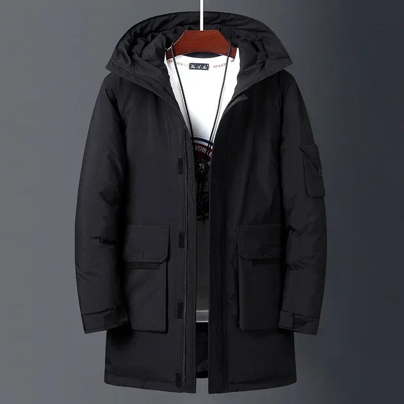 Chaquetas de invierno para hombre, chaquetas largas cálidas con capucha de pato blanco, Parka informal de otoño, abrigo esponjoso negro para hombre,