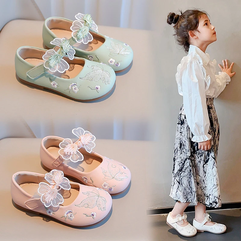 Children\'s Small Leather Shoes New Pink Embroidered Flowers Little Girl Single Shoes Light Green Flat Shallow Mouth Kids Sandals