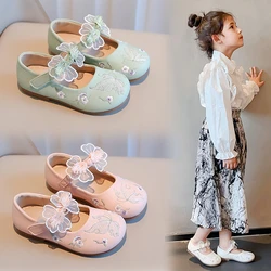 Children's Small Leather Shoes New Pink Embroidered Flowers Little Girl Single Shoes Light Green Flat Shallow Mouth Kids Sandals