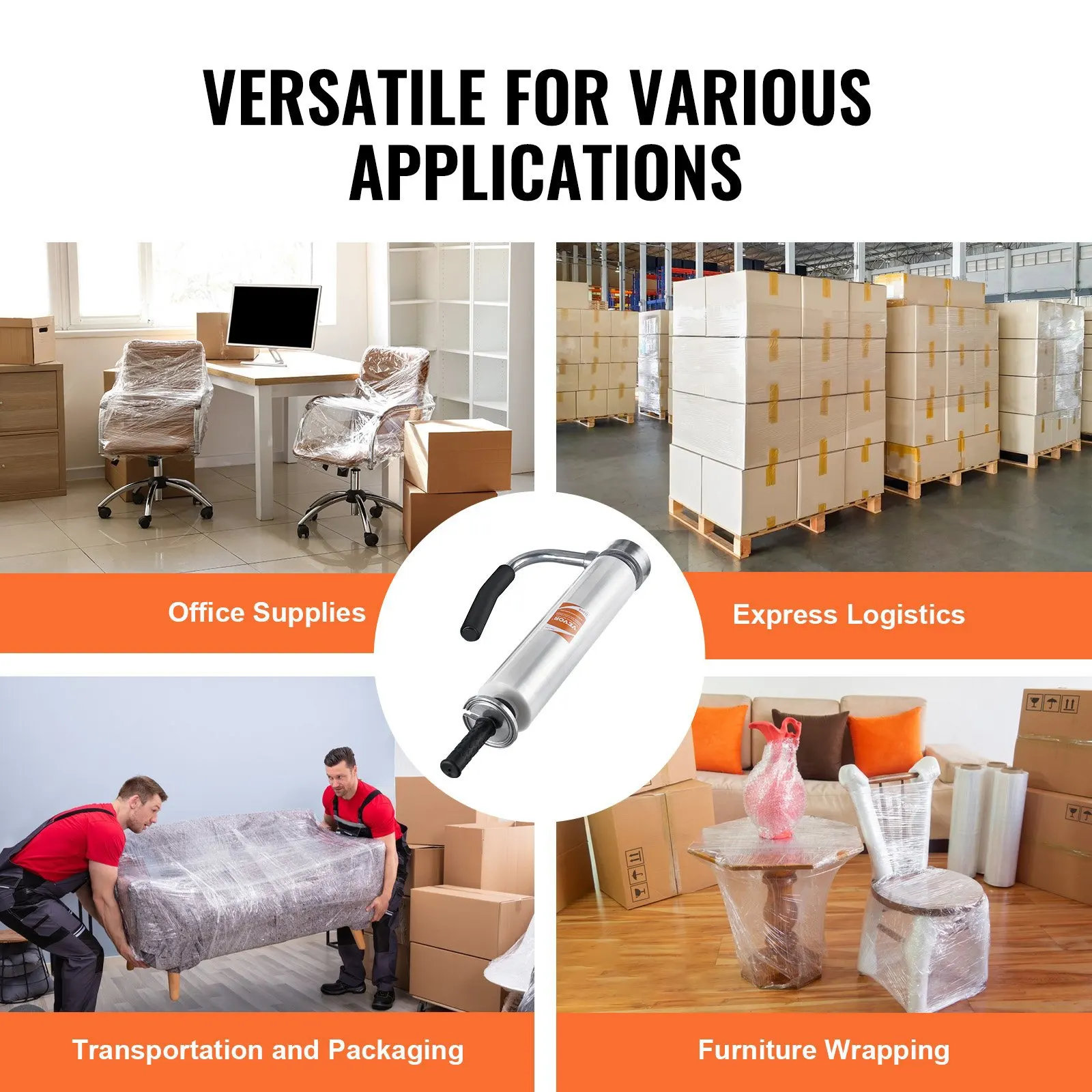 Stretch Film Dispenser, Holds 12"-20" Rolls, Industrial Strength Shrink Wrap Dispenser Holder with Extended Handle, Stretch F