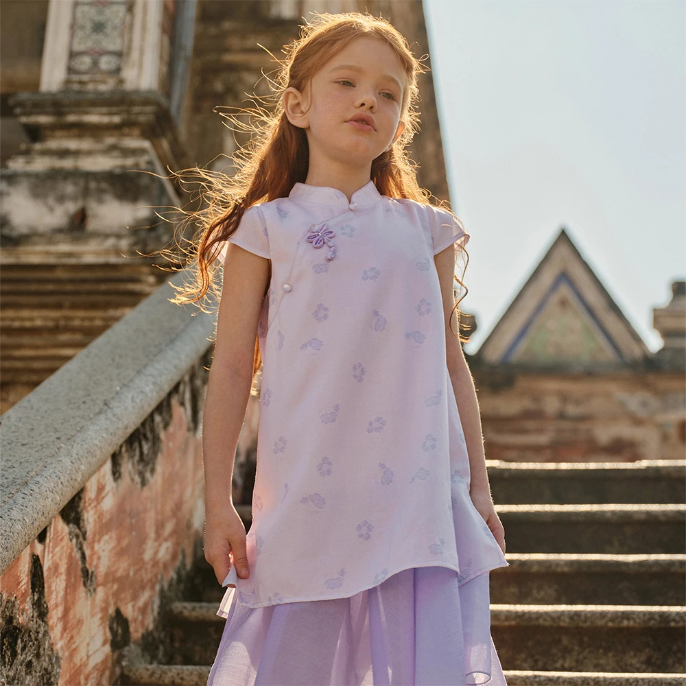 Dave Bella Girls Printed Summer Princess Dresses 7-13 Years Children Short Sleeve Chinese Style Dress Outdoor Clothes DK2262127