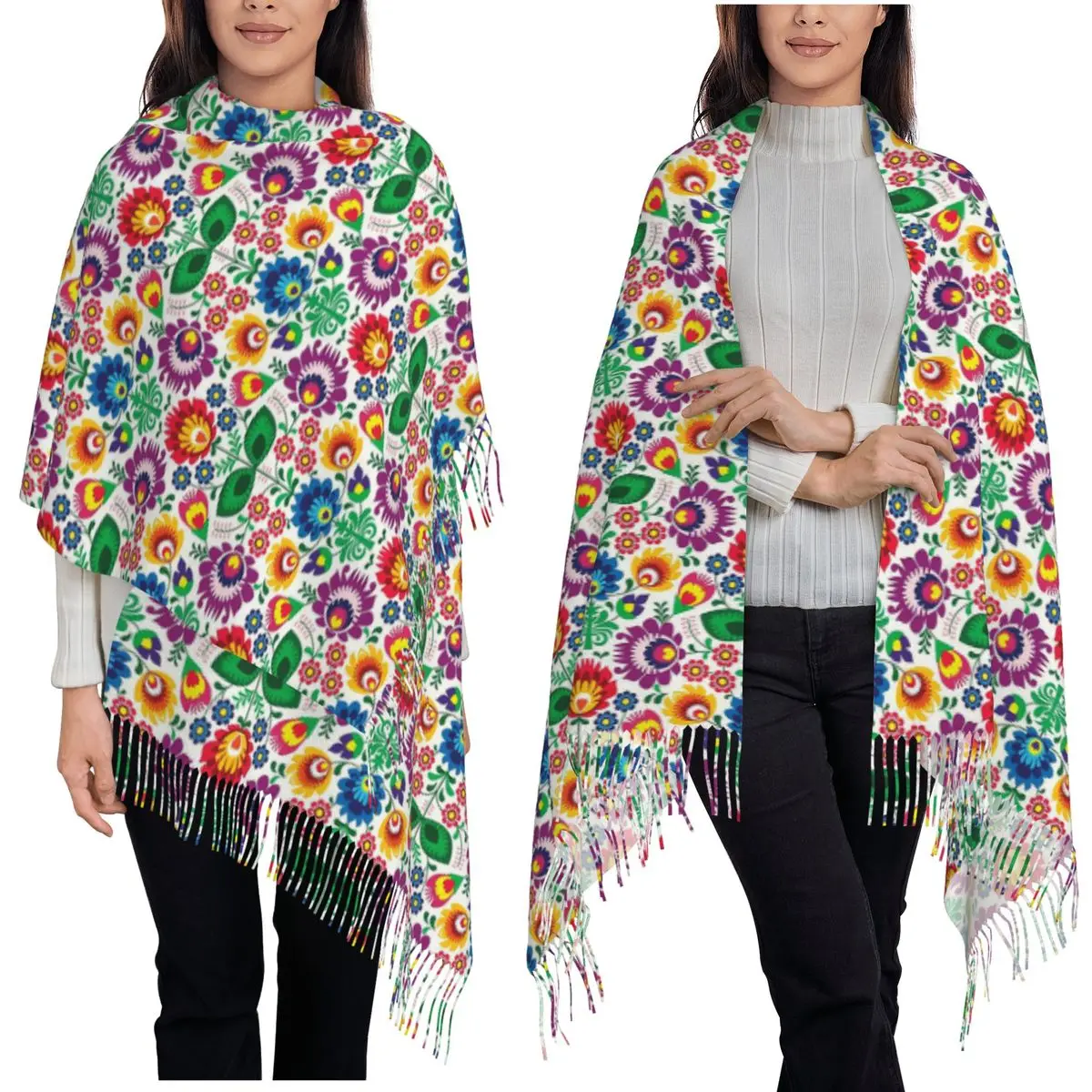 

Poland Folk Flowers Polish Floral Art Scarf Tassel Scarves Women Soft Warm Shawls and Wraps Long Fall Winter Shawl Wrap