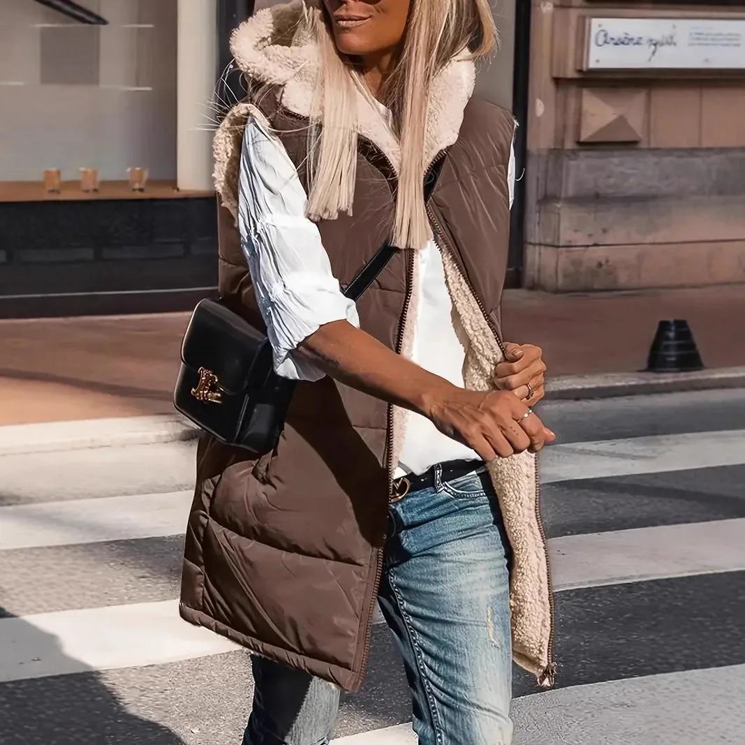 

2025 Autumn Winter New Simple Solid Color Women Casual Cotton Jacket Vest Fashion Hooded Female Double-sided Slim Fit Top