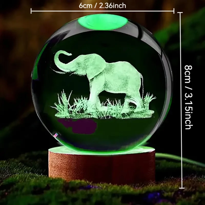 1pc Elephant 3D laser carved crystal ball with LED color lamp holder, living room bedroom home decoration decoration glass ball