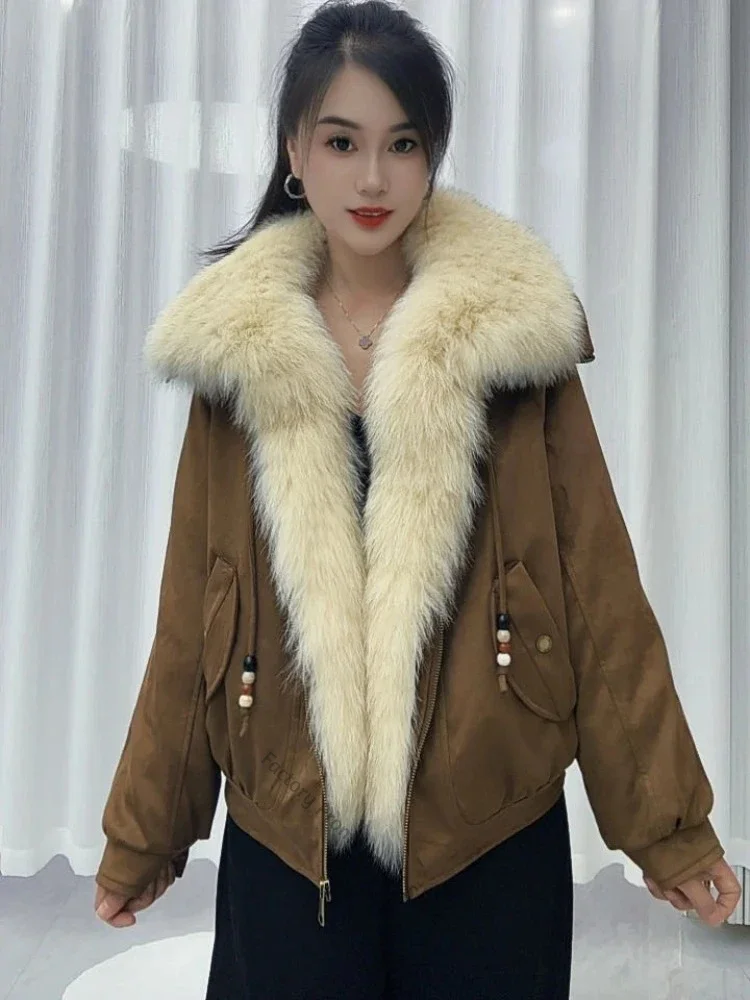 Oversized Goose Down Jacket Women Insulated Natural Fur Hood Thick Warm Cold Weather Winter Outerwear for Travel Commuting 2026