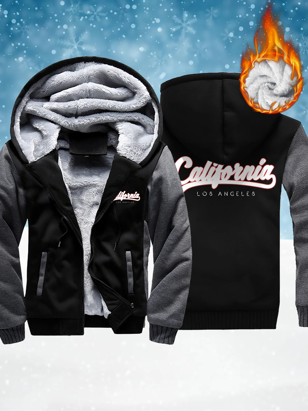 

California Los Angeles Letter Prints Men'S Zipper Outerwear Winter Thermal Thicken Coats Fleece Warm Windproof Jackets Men Tops