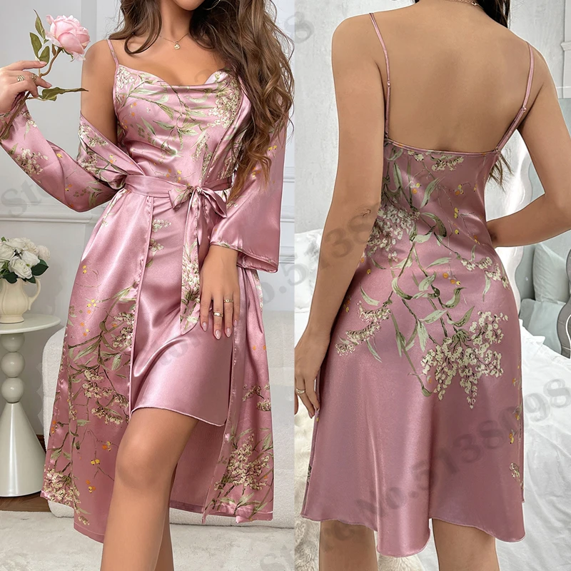 Cherry Print Twinset Robe Set Female Sexy Bathrobe Kimono Gown Backless Chemise Nightdress Silk Satin Intimate Lingerie Homewear