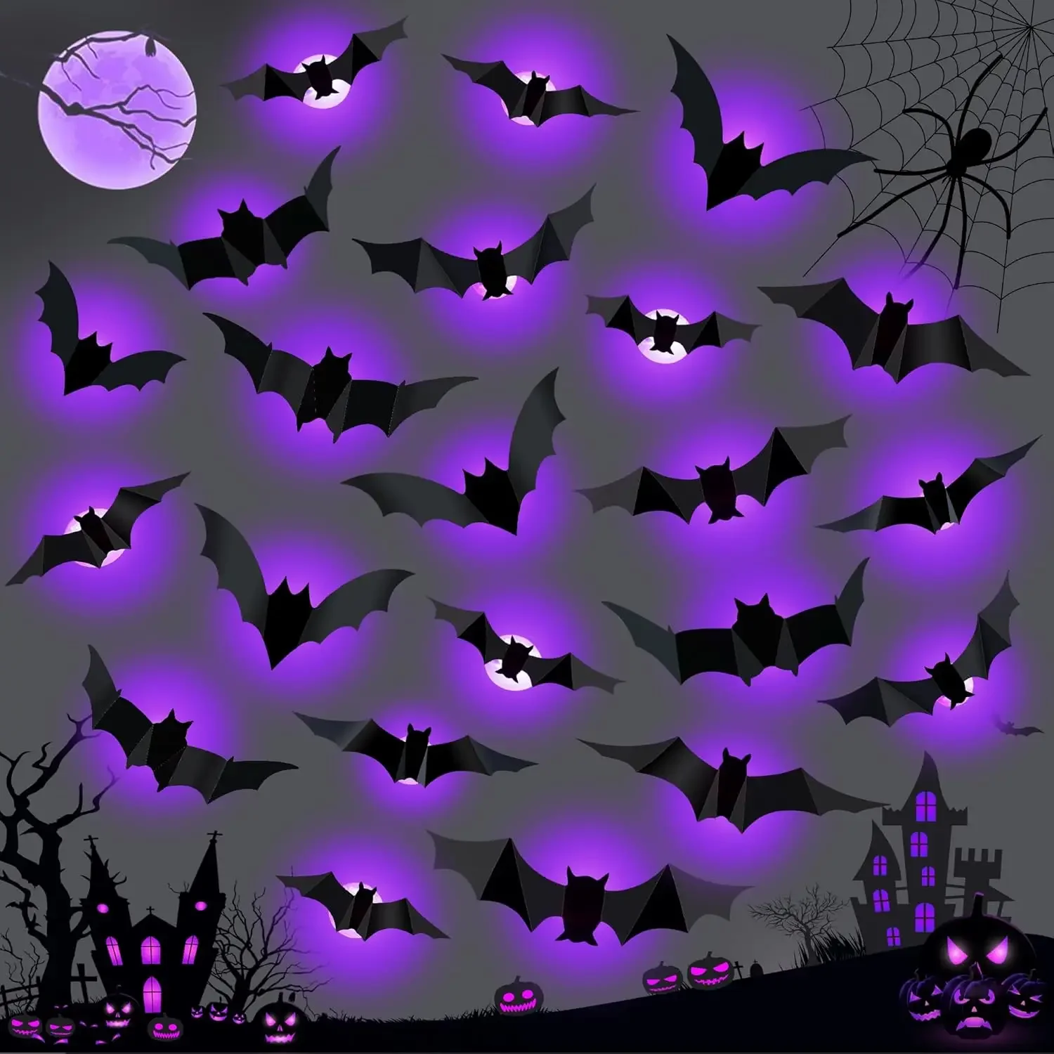 Halloween LED Bats Spider Decor Glow in Dark 3D Wall Stickers Purple/Green Lights for Indoor Outdoor Halloween Party Scares view 2