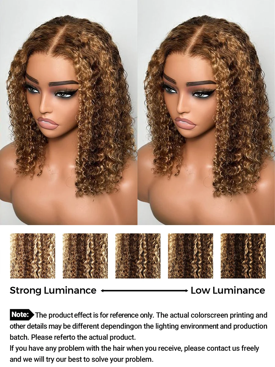 Peruka Bob Krótka Kręcona z Pasemkami Koloru 4/27, Głęboka Fala, Peruka typu Lace Front 5x5, Brazylijskie Włosy 100% Ludzkie, Peruka Bob typu Lace Frontal z Włosami Water Wave