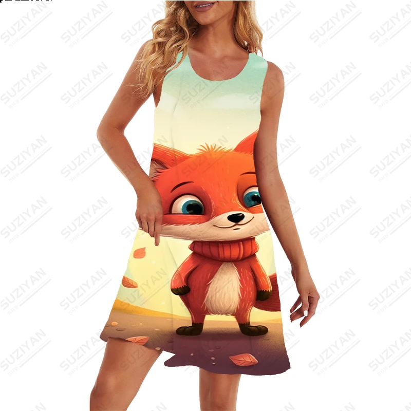 2023 Cute Cartoon Fox Print Dress Summer High -quality Dress Daily Casual Dress Home Comfortable Dress Female Dress