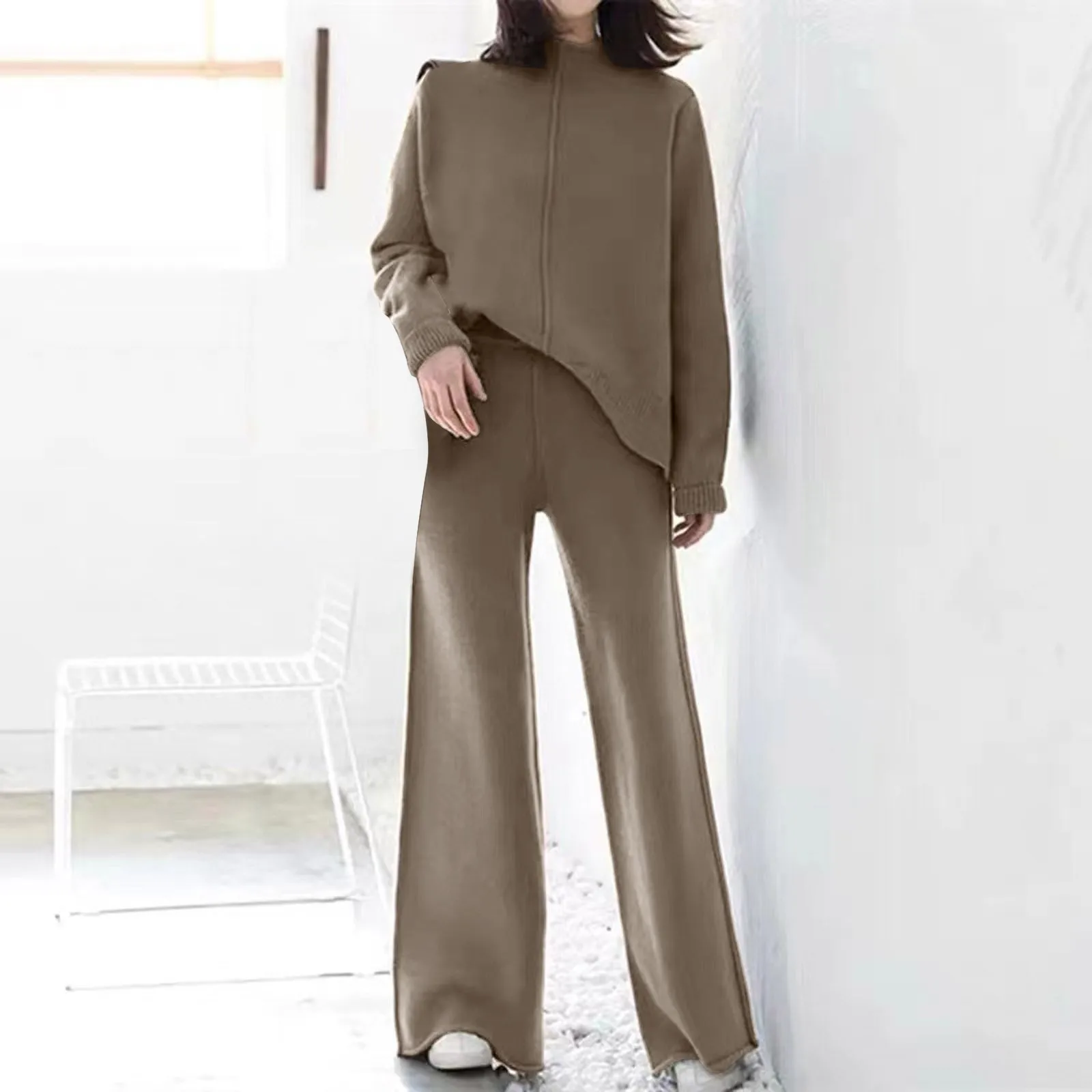 

Autumn Winter Fashion Knitted Set Elegant Turtleneck Pullover + Pants Outfits Women Casual Long Sleeve Homewear Solid Loose Suit