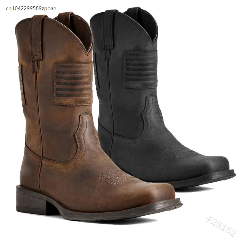 Retro Medieval Renaissance Pu Leather Men's Chelsea Boots Square Toe Thick Heel High Heel Mid-tube Knight Boots Halloween Party