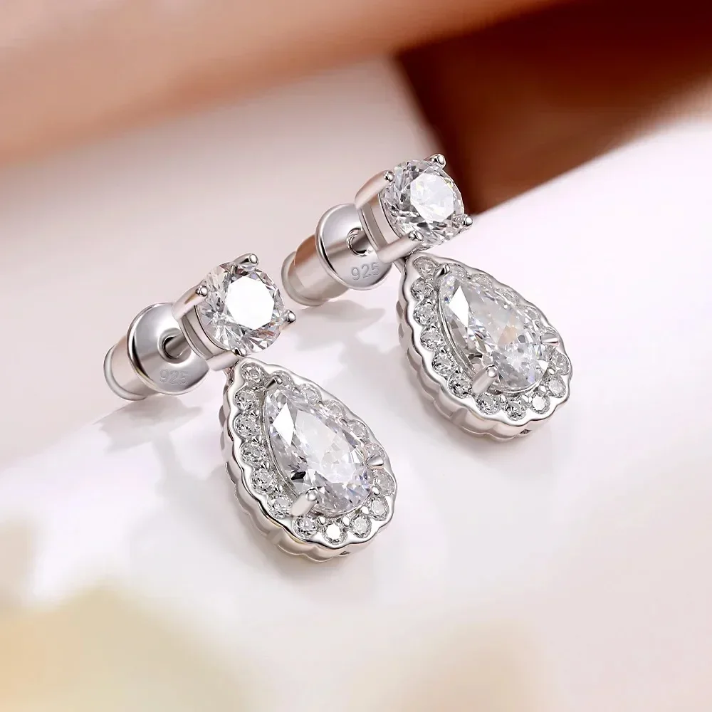 Full Moissanite Stud Earrings for Women 925 Sterling Silver D VVS1 Hanging Drop Earrings Lab Diamonds Pear Cut Bridal Jewelry