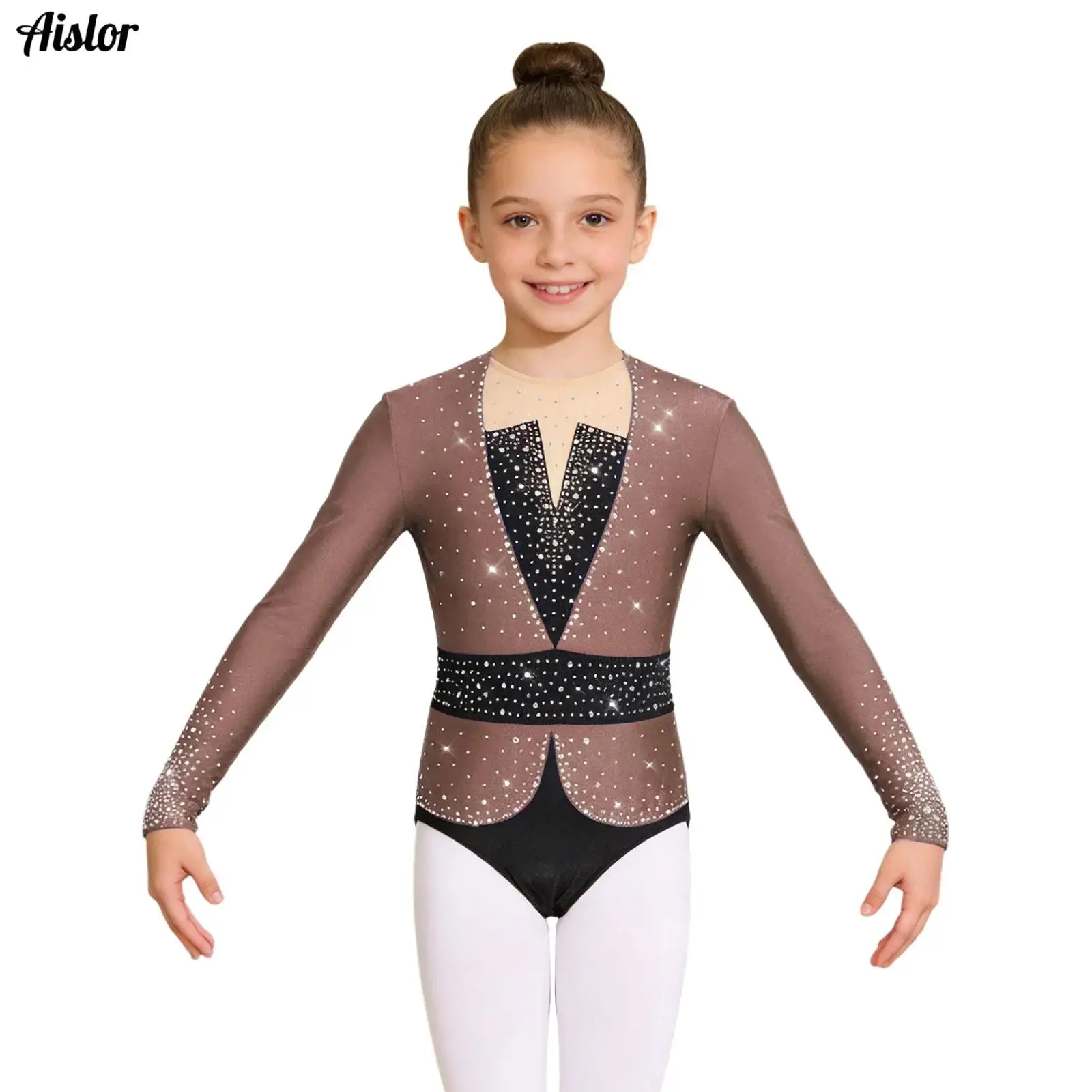 

Girls Shiny Rhinestones Rhythmic Gymnastics Leotards Long Sleeve Bodysuit Dancewear Figure Skating Stage Performance Costumes