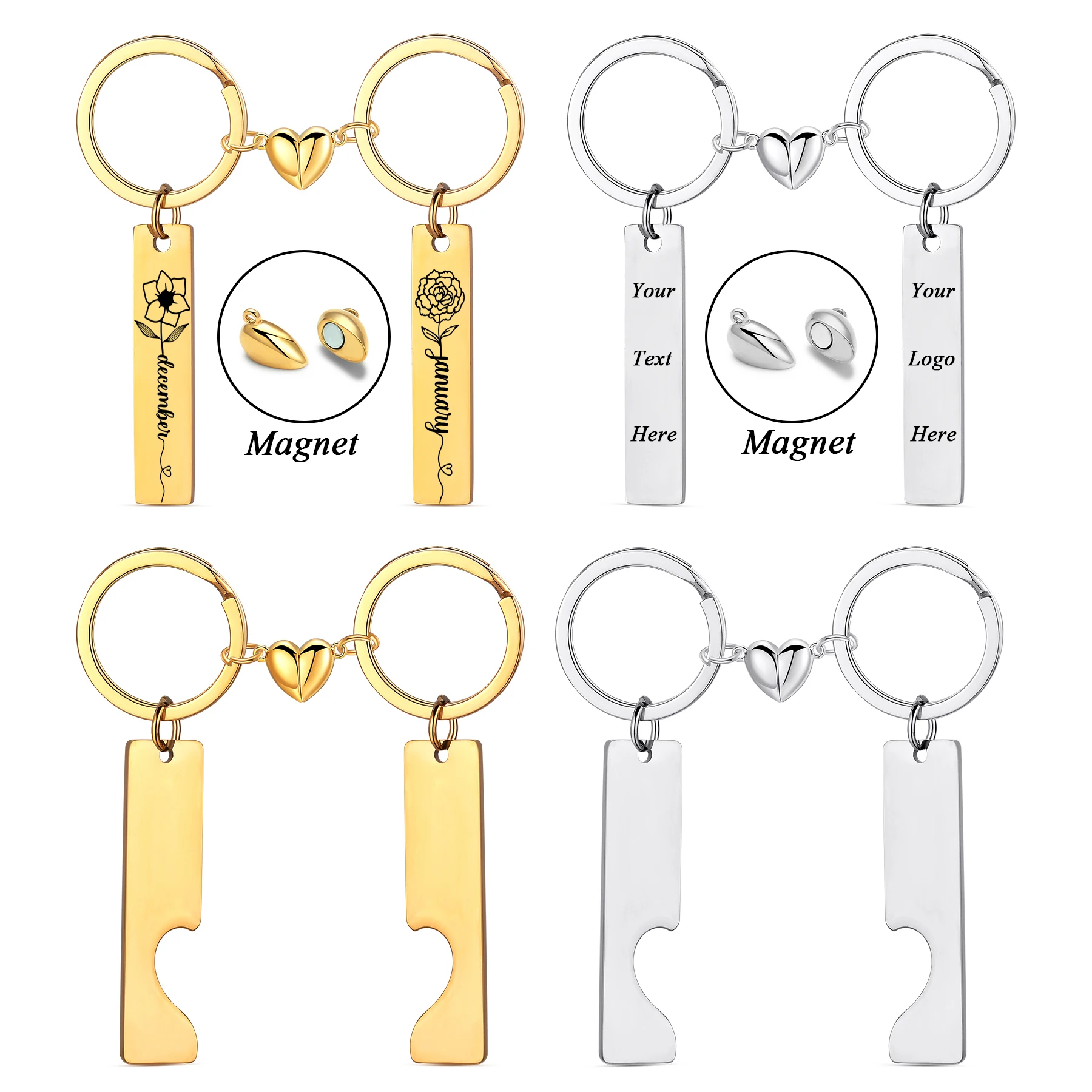1Pair Engraved Logo Name Rectangular Puzzle Keychain with Heart Magnet Pendant Stainless Steel Jewelry Christmas Gift