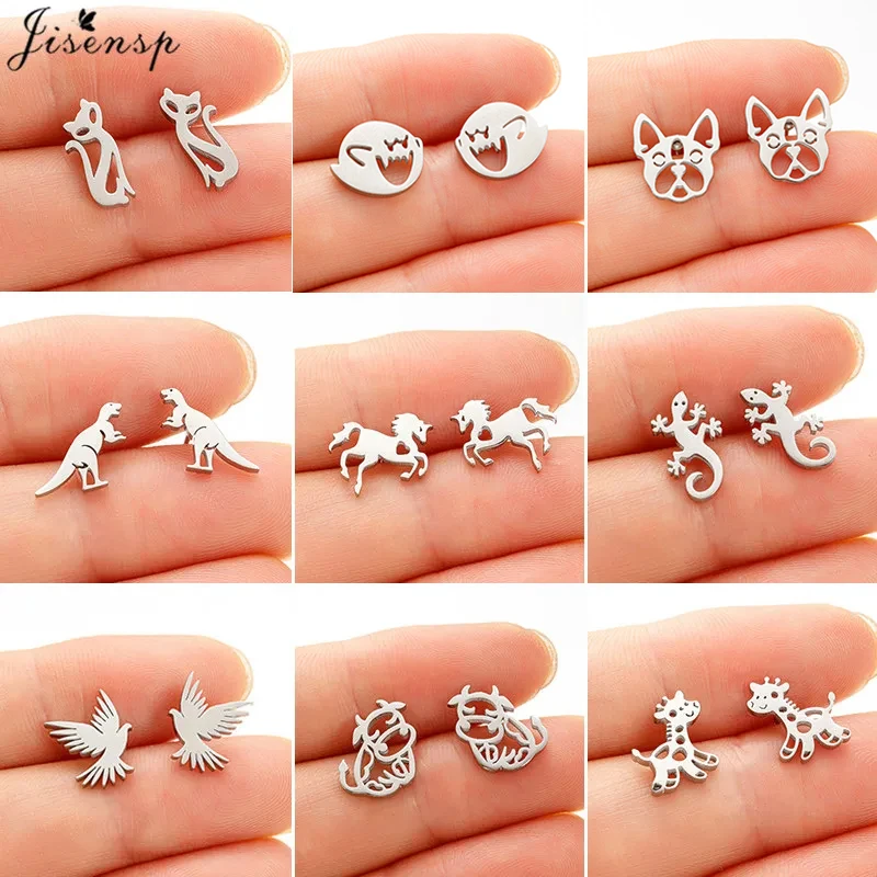 Cute Animal Stainless Steel Earrings Women Fashion 2024 Jewelry Horse Shark Dinosaur Swallow Earings Small Cat Ear Studs Bijoux