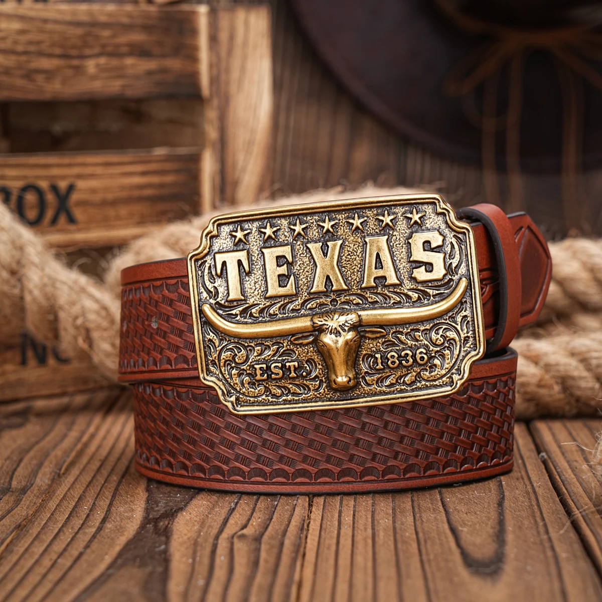 Western Cowboy PU Leather Belt - Men Waist Strap Bull Decoration Floral Engraved for Jeans