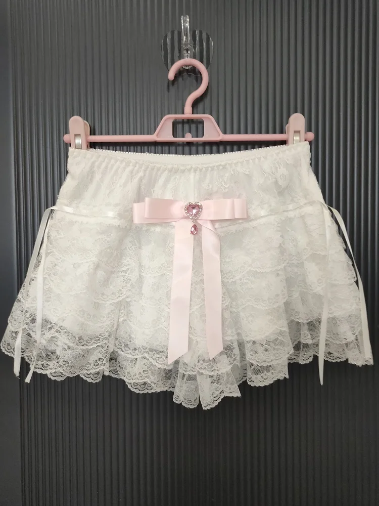 Cute Lace Shorts Lolita Safety Short Pants for Sweet Girls Elastic Waist Pink Bow Multilayer Bottoming Shorts Underwear