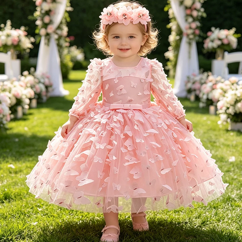 ベビードレス幼児女の赤ちゃん蝶ドレスリボン長袖1歳の誕生日ピンク洗礼ドレス女の子パーティーウェディングドレス