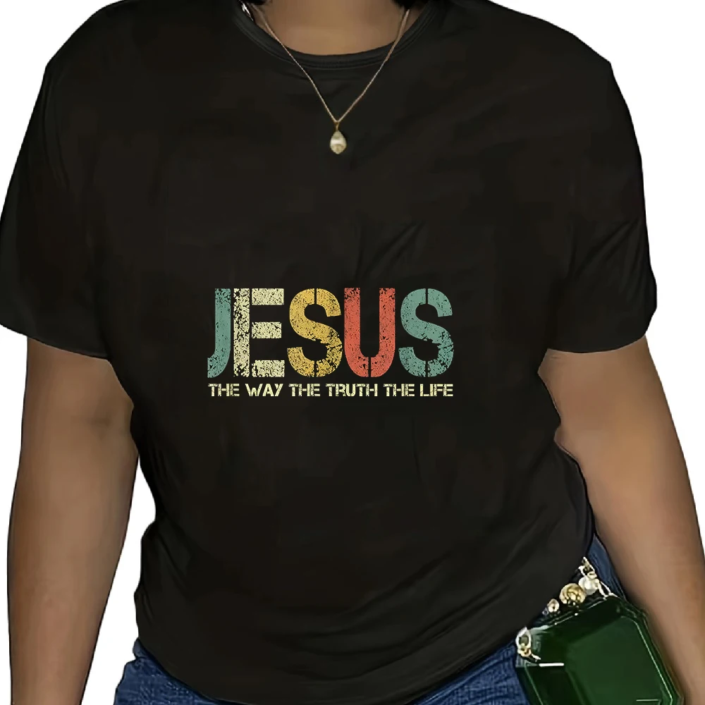Jesus The Way The Truth The Life Short-sleeved T-shirt Retro Distressed Letter Graphic Crew Neck Top for Christian Believers