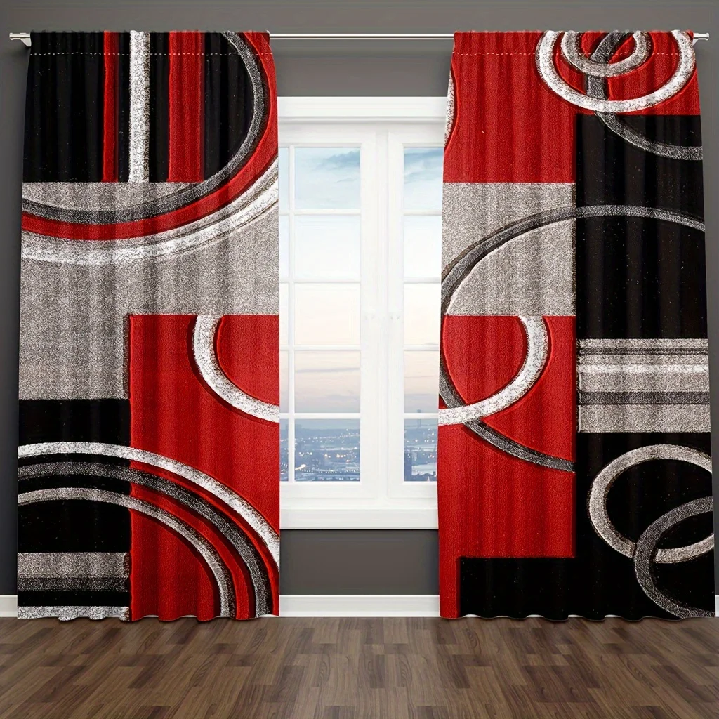 2pcs Plaid Pattern Curtains, Rod Pockets Window Treatment, Suitable For Living Room Bedroom Decor, Red White Grey Black Curtains