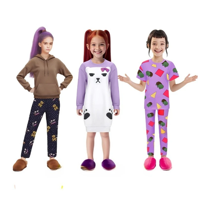 

Anime Demon Hunter Cosplay Costume Girls Group Mira Zoey Rumi Kpop Bear Print Sleepwear Cos Party Performance Purple Pajamas