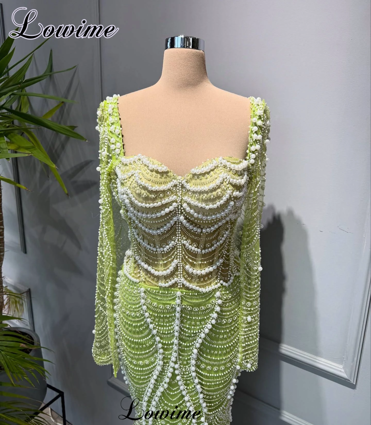 Vestidos De celebridades De sirena verde manzana con perlas, Vestidos De noche De manga larga, Vestidos De fiesta De boda, Vestidos De Gala personalizados
