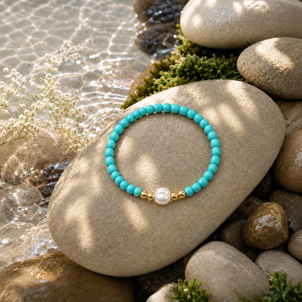 1pc Women's 17.5cm Glass Beaded Strand Bracelet with Round Turquoise Beads and Copper Accent Beads Cute Romantic Style