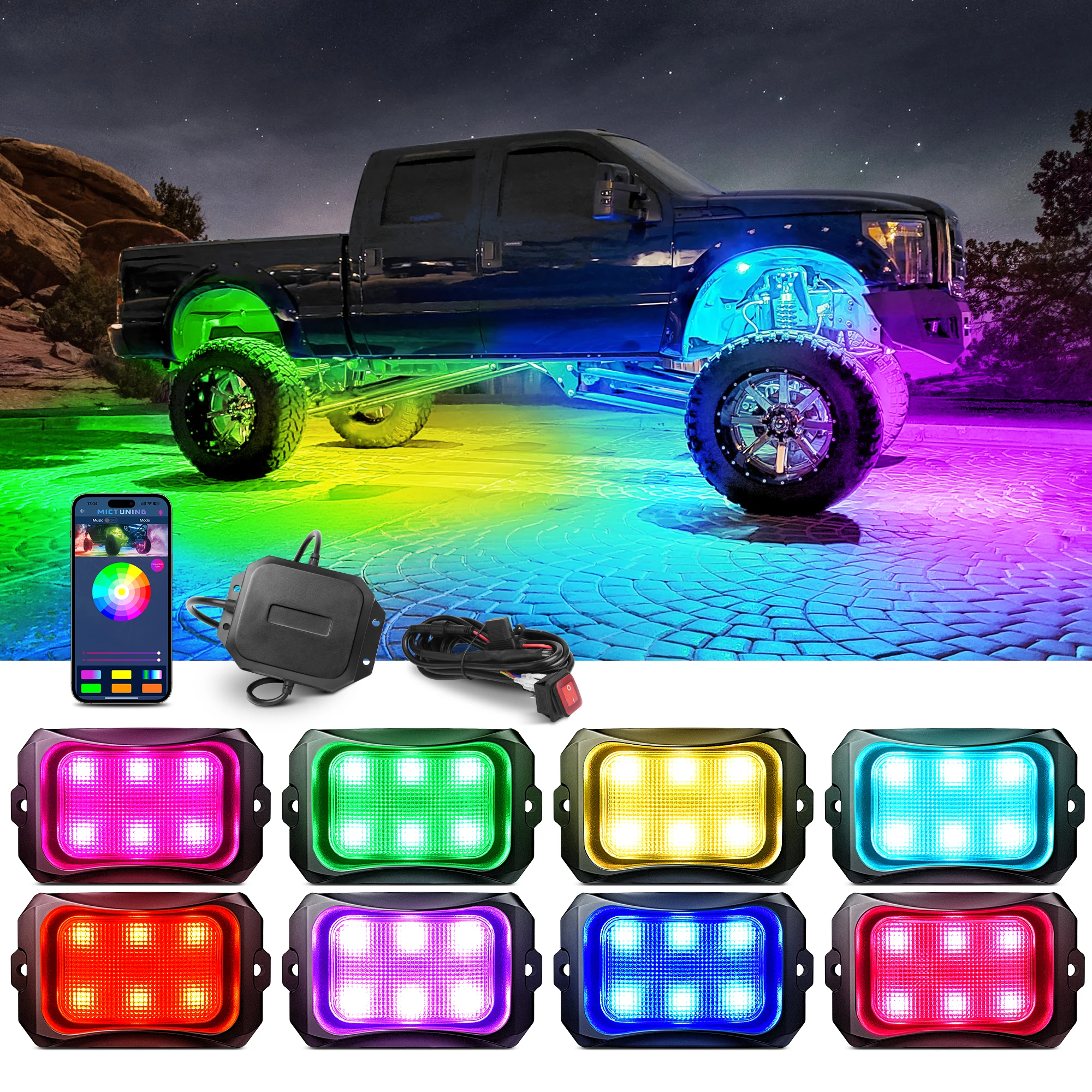 MICTUNING C2 Extensible RGB+IC LED Rock Lights Kit, 8/10 Pods Underglow Lighting Kit with Wireless Bluetooth APP Control