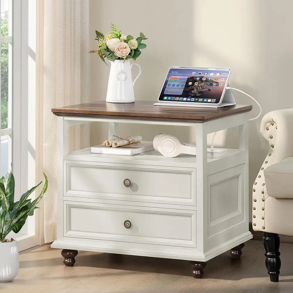2-Piece Nightstand Set with Charging Station, 24 Wide End Table, Storage Drawers, Suitable for Bedroom or Living Room, White Woo view 6