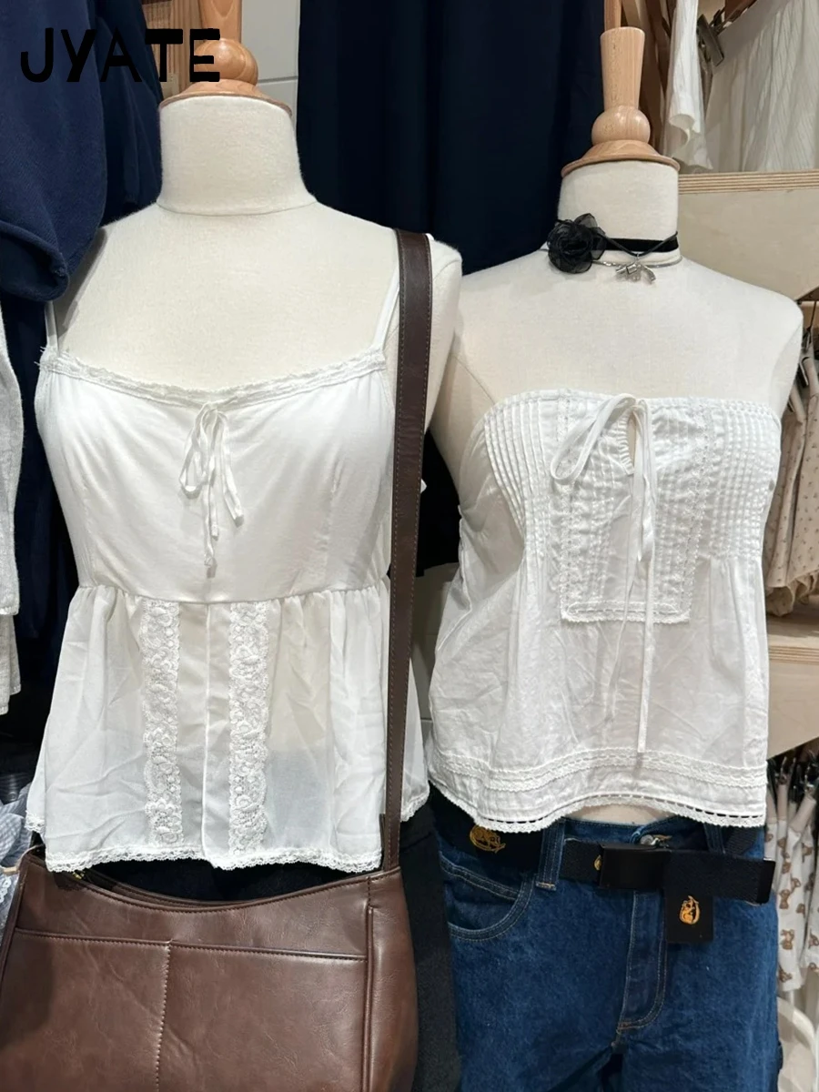 女性用の白いスクエアネックホルターストラップキャミソール、コットンレーストリム、ノースリーブベスト、甘いヴィンテージシックなタンクトップ、y2k、かわいい、新しい、夏