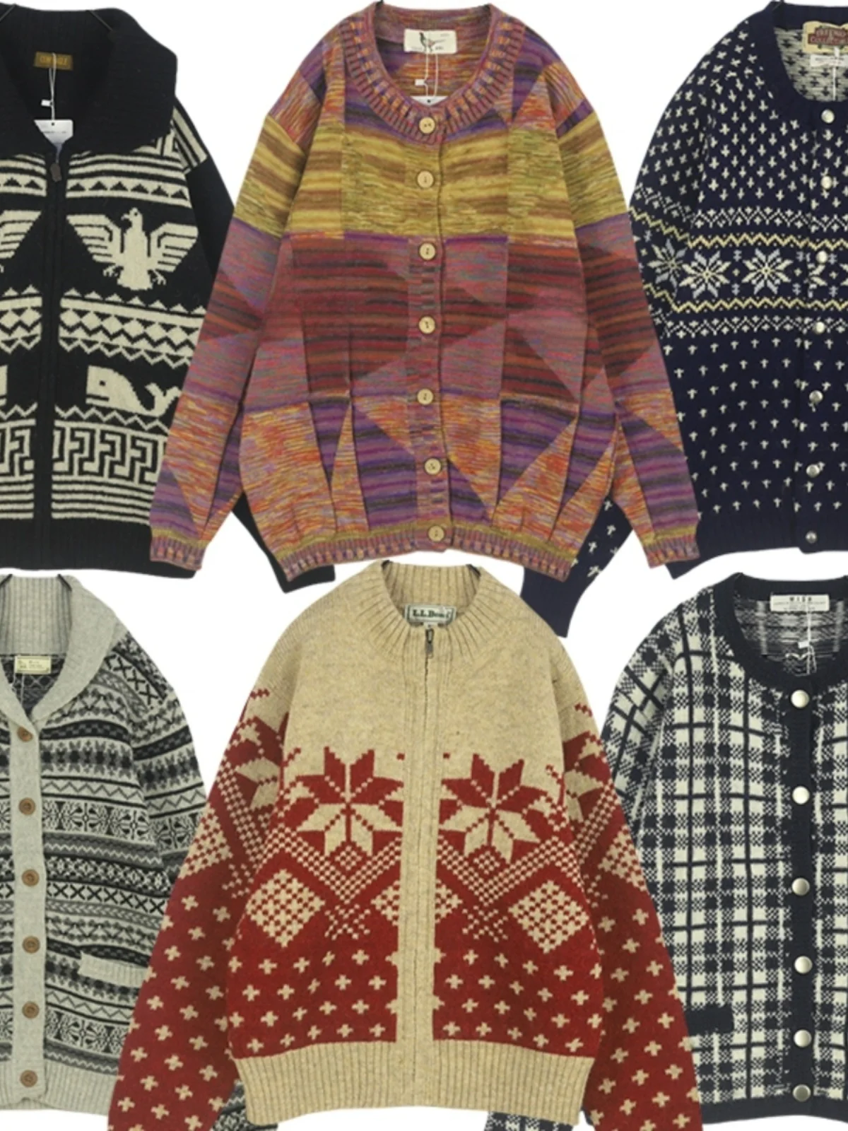 

Vintage Fair Isle Knit Color Blo Nordic Sle Women's Sweater V Ne Open Cardigan Wool Blend Winter Outerwear