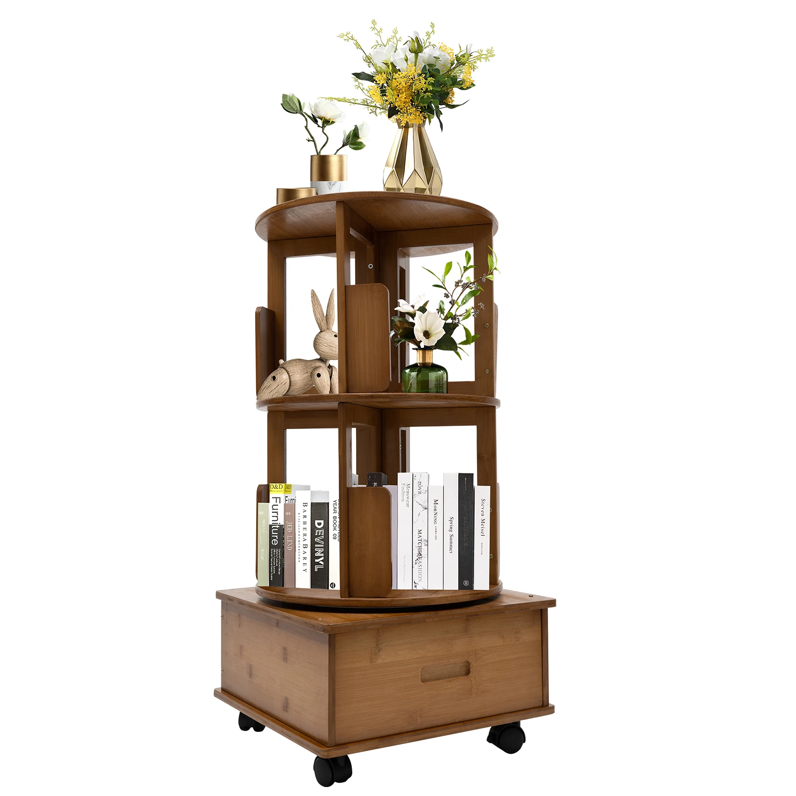 2 Tiers Multi Storage Table Rotating Bookshel 360°Swivel Bookcase Side Table with Rolling Wheels