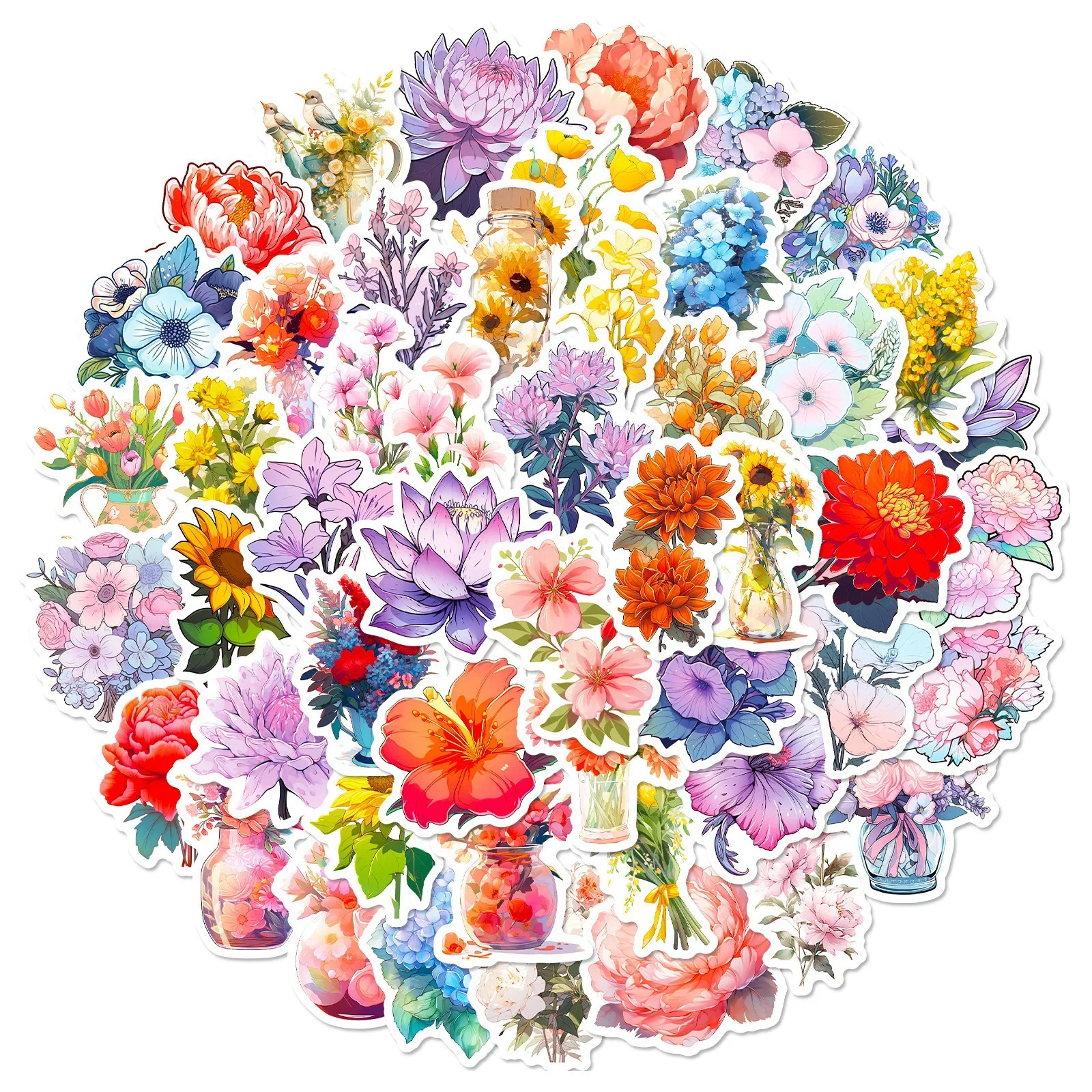 50/100PCS Fresh Flower Mix Stickers – Cartoon Plant & Floral Stickers Featuring Prosperous Blooms
