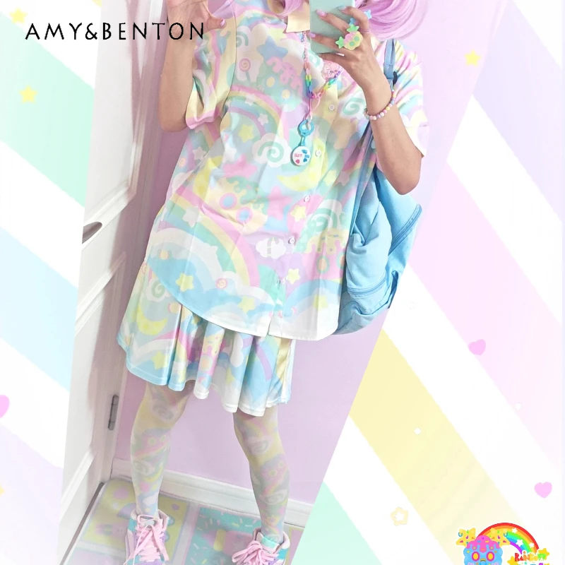 

Original Design Subculture Colorful Women's Shirt Japanese Style 2025 Summer New Sweet Cute Age-Reducing Mini Skirts Set Ladies