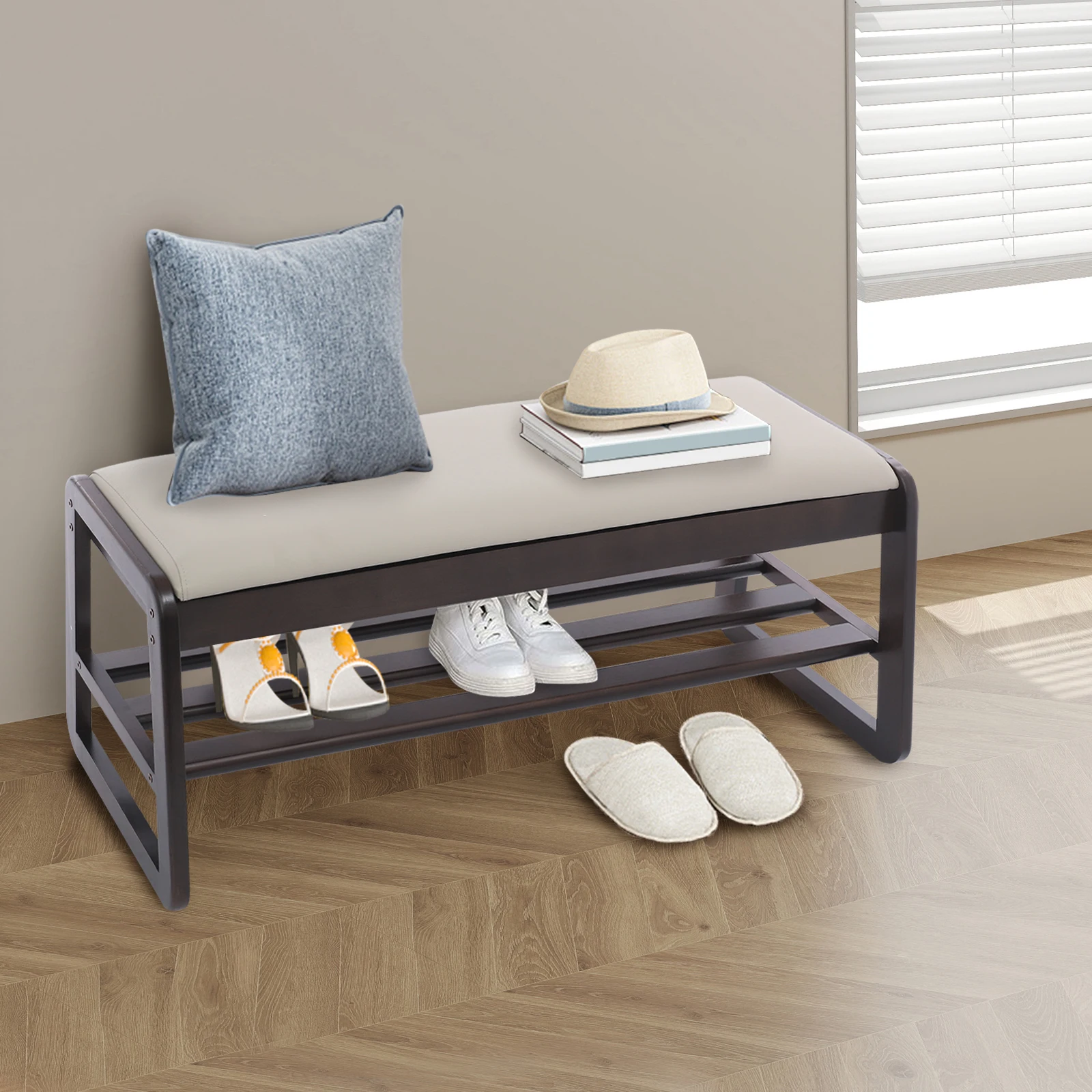 

Скамья для обуви из резинового дерева с подушкой, скамья-органайзер для обуви с местом для хранения, скамья для обувной полки для прихожей цвета ореха и бежевого цвета