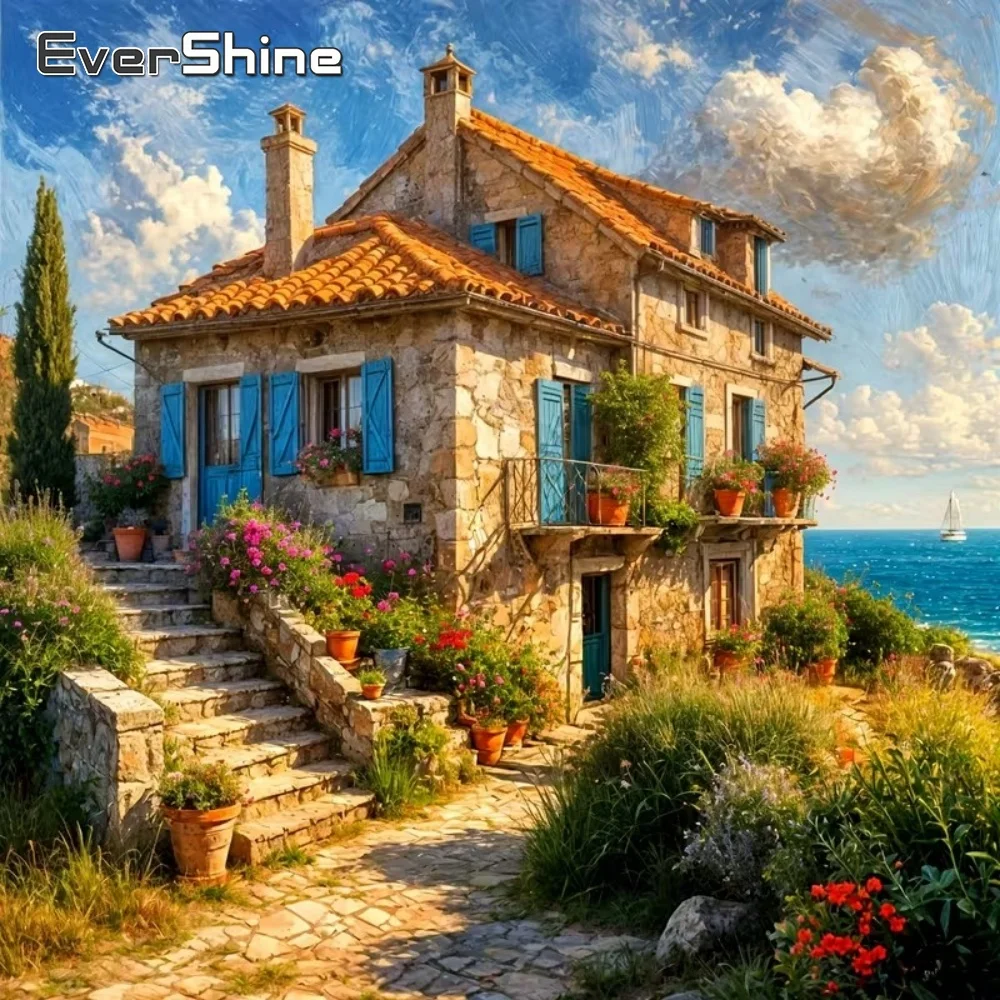 EverShine Vollquadratisches Rundes Diamant-Gemälde Haus-Landschaft Diamant-Mosaik DIY-Bild Strass-Stickerei Einzigartiges Geschenk