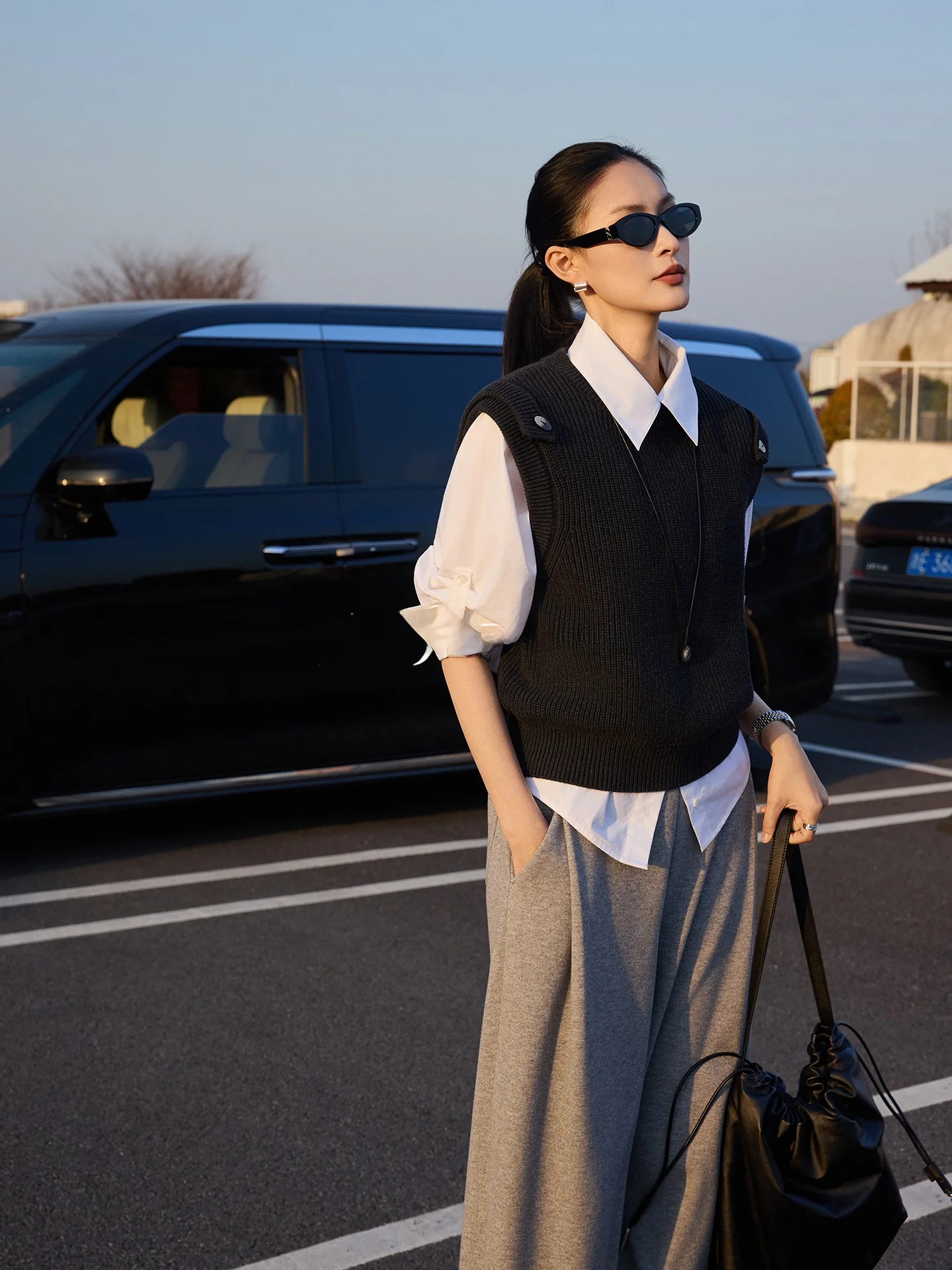 

JIEJI Zhang Spring ort Cotton Blend Knitted Vest round Ne oulder Loop Casual Sle Women's Faion Outerwear