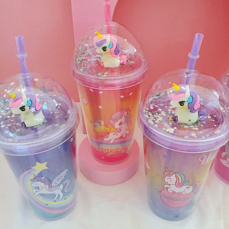 450ML Summer Unicorn Straw Cup Double Plastic Ice Cup Creative Drink Milk Tea Coffee Mug For Girls Smoothie Cups Iced Drinks Mug