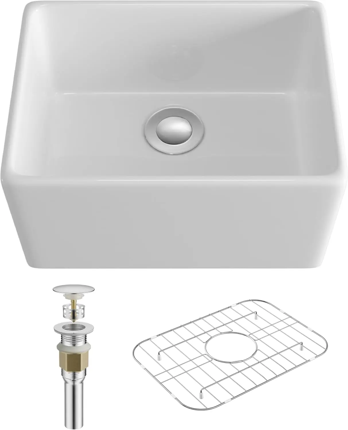 20x15 Inch White Ceramic Farmhouse Sink, Single Bowl Apron Front, Polished Trapezoidal Design